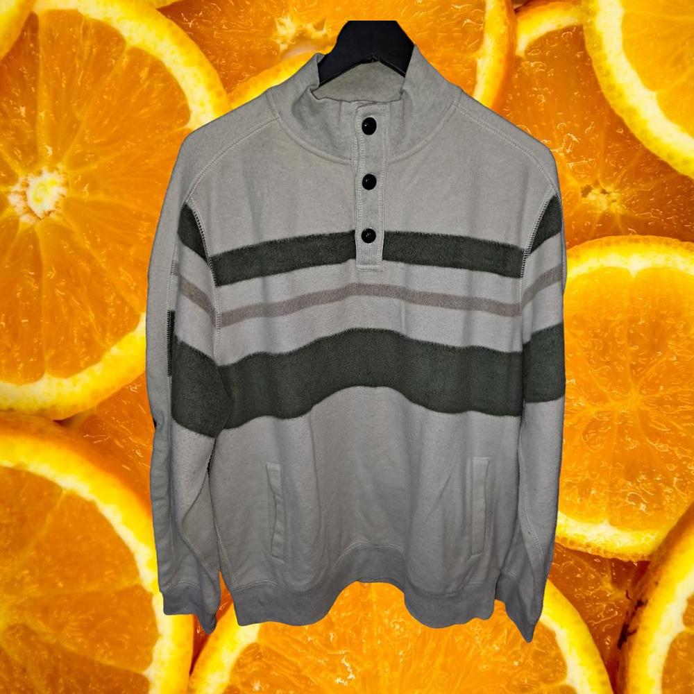 Chaps 4 Button White with Green and Tan Striped Sweater Size Large